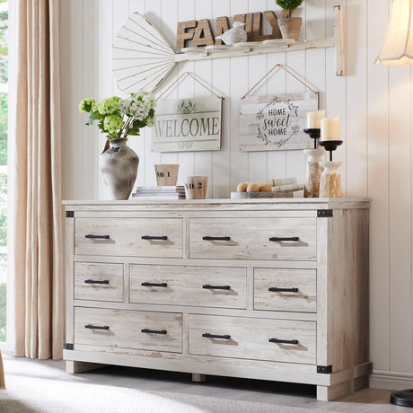Farmhouse 7 Drawers Dresser for Bedroom, Wood Large Chest of Drawers with Thick Plank Styling, Rustic Closet Dresser for Bedroom, Living Room, Antique Brush White RedLemon