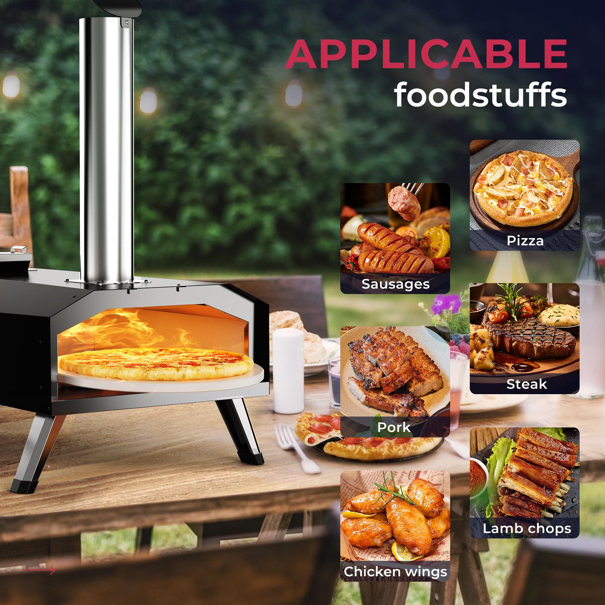 Icyglee 12" Wood Pellet Outdoor Pizza Oven,Wood Fired Portable Pizza Maker with Rotatable Pizza Stone, Countertop Pizza Grill for Backyard and Outside, Black Icyglee