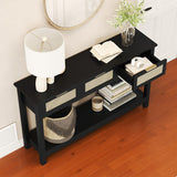 Luoxiao Rattan Console Table, Boho Entryway Table, Narrow Long Sofa Table, Hallway Foyer Table, Behind Couch Table with 3 Drawers and Open Storage Shelf for Living Room and Corridor, Black Luoxiao