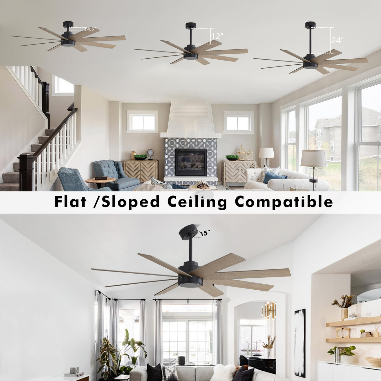 WINGBO 72" Large DC Ceiling Fans without Lights, 3 Downrods, 8 Plywood Blades, 6-Speeds Reversible DC Motor, Indoor Ceiling Fan No Lights for Bedroom Living Room Patio, Black and Gray WINGBO