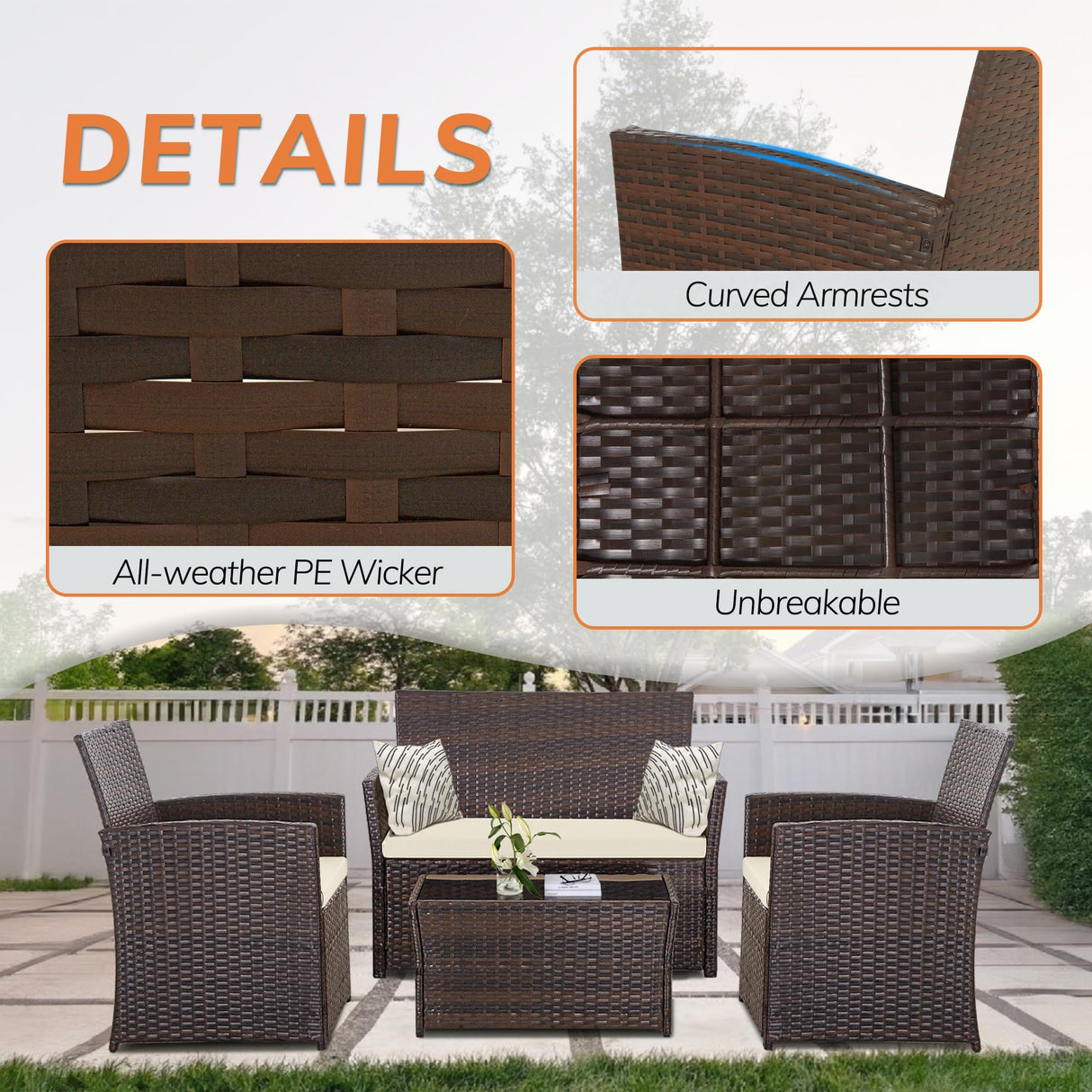 Seogwisam 4 Piece Patio Furniture Set, Outdoor Wicker Conversation Set, Rattan Sectional Sofa Couch with Glass Coffee Table & Thick Cushion for Backyard, Porch, Garden, Poolside, Brown/Beige Seogwisam