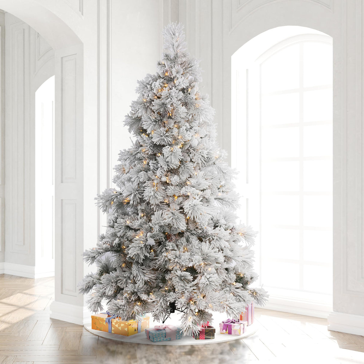 Vickerman 12' Flocked Alberta Artificial Christmas Tree, Pure White LED Lights - Snow Covered Faux Tree - Seasonal Indoor Home Decor - Easy Assembly Vickerman