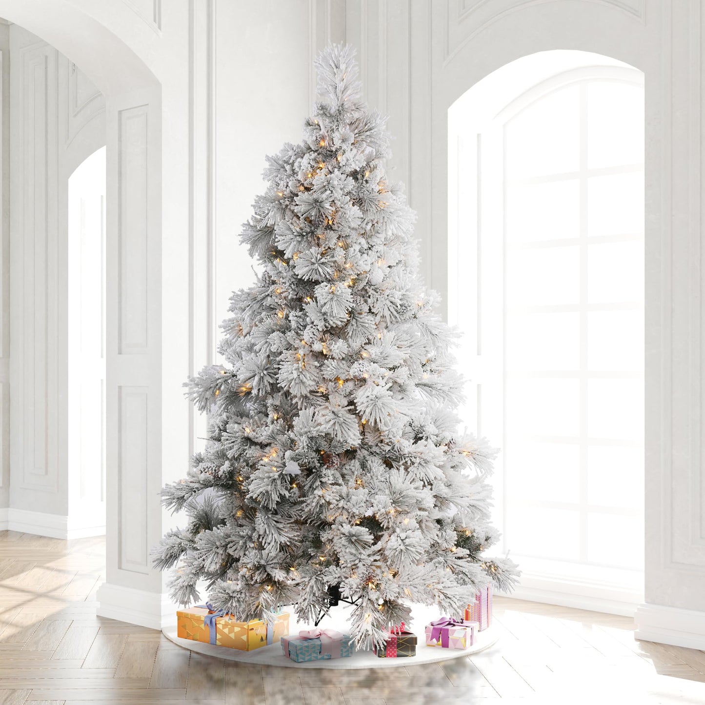 Vickerman 12' Flocked Alberta Artificial Christmas Tree, Pure White LED Lights - Snow Covered Faux Tree - Seasonal Indoor Home Decor - Easy Assembly