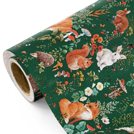WRAPAHOLIC Kraft Forest Animal Christmas Wrapping Paper - Mini Roll - 17 Inch x 16.5 Feet - Forest Animals Fox Wrapping Paper with Flowers Design for Christmas Holiday, Party Celebration WRAPAHOLIC