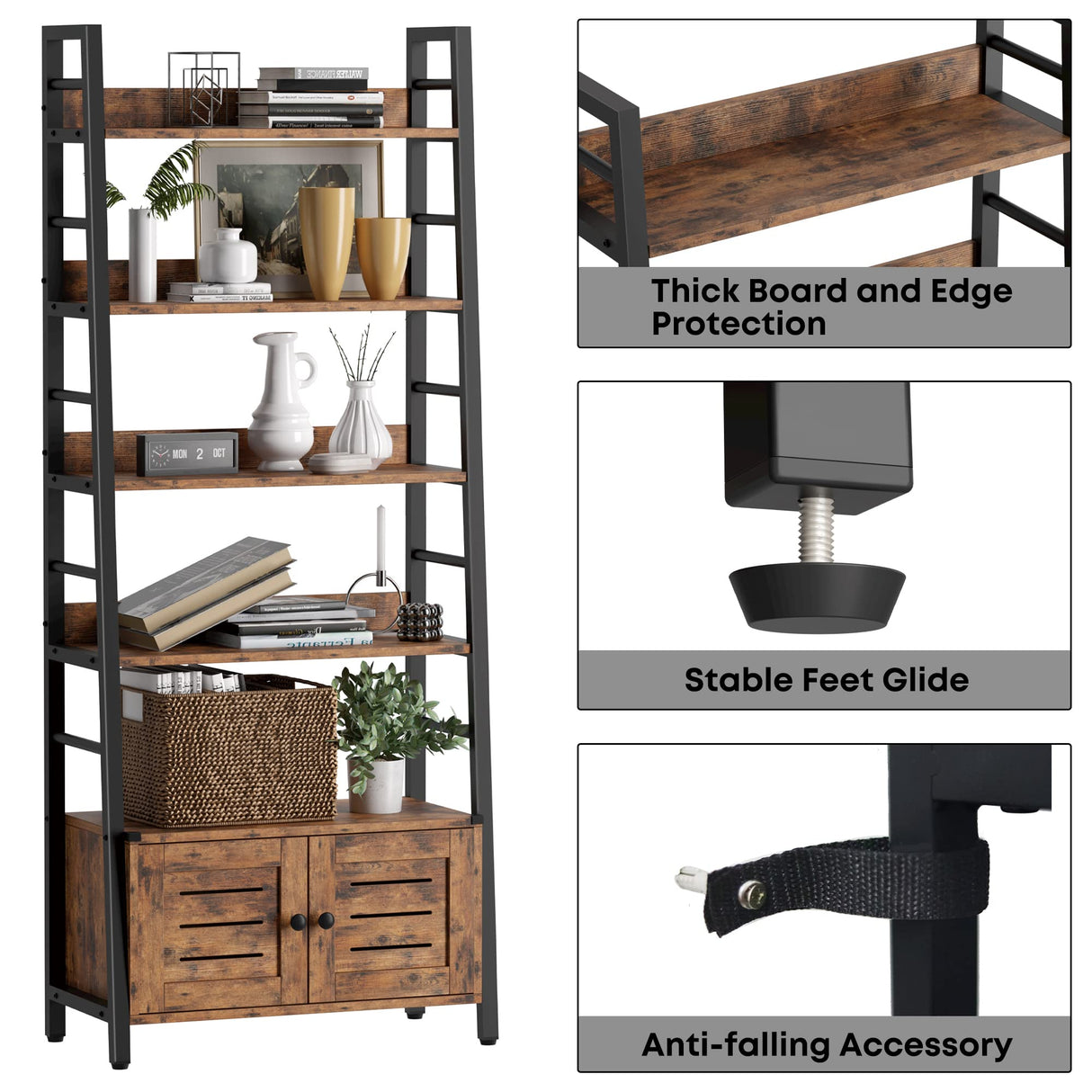IRONCK Rustic Brown 4-Tier Industrial Ladder Bookshelf with Louvered Doors and Cabinet IRONCK