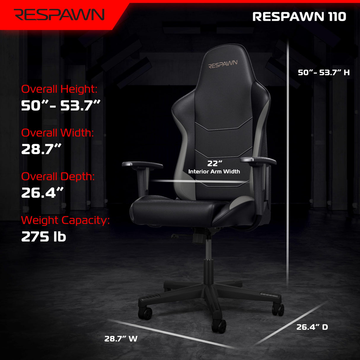 RESPAWN 110 Gaming Chair - Gamer Chair PC Computer Chair, Ergonomic Gaming Chairs, Office Chair with Integrated Headrest, Gaming Chair for Adults 135 Degree Recline with Angle Lock - Gray RESPAWN