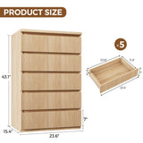 Jocoevol Fluted 5 Drawer Dresser, 43" Tall Dresser Chest of Drawers Curved Profile Design, Wood Mid Century Vertical Dresser Natural Texture for Bedroom, Oak Dresser Jocoevol