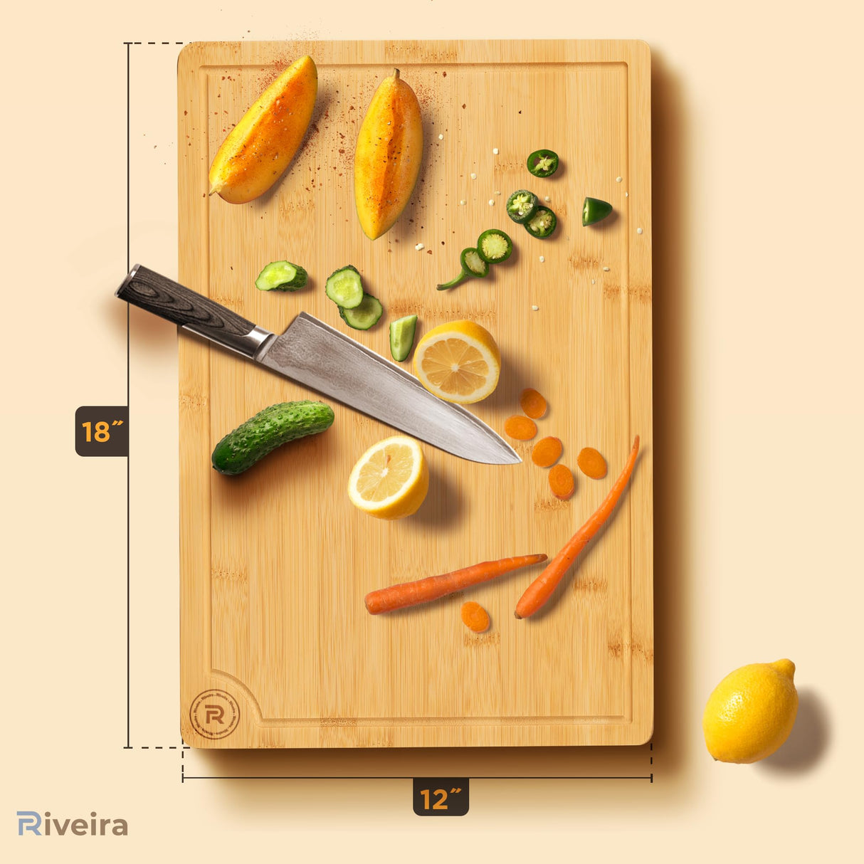 Riveira Wood Cutting Board – Gourmet Bamboo Grandeur: 18 x 12 Bamboo Cutting Boards For Kitchen – Natural Wooden Cutting Boards For Kitchen – Innovative Juice Grooves Bamboo Cutting Board Riveira
