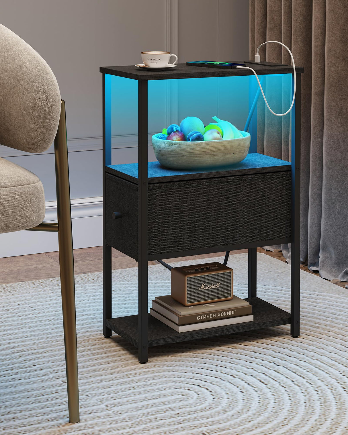 TUTOTAK Small Narrow LED End Table with Charging Station, Side Table Outlets, Nightstand with Cloth Drawer, Set of 2, Couch Table, for Living Room, Bedroom, Bedside, Black TB01BK059 TUTOTAK