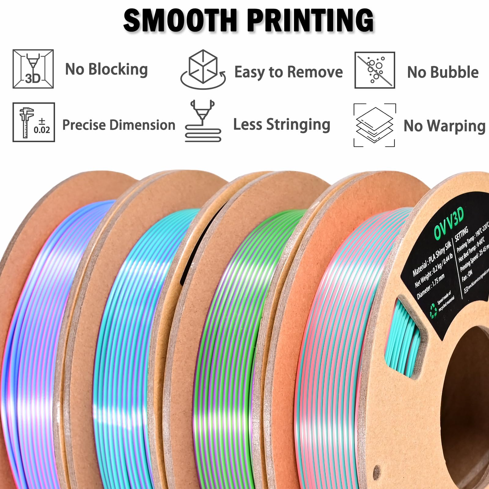 OVV3D 3D Printer Filament, PLA Filament 1.75mm Bundle, Dual Color Filament, Coextrusion 3D Filament, Silk PLA, 3D Printing Filament +/-0.02mm, 200g X 4 Spool - WoodArtSupply