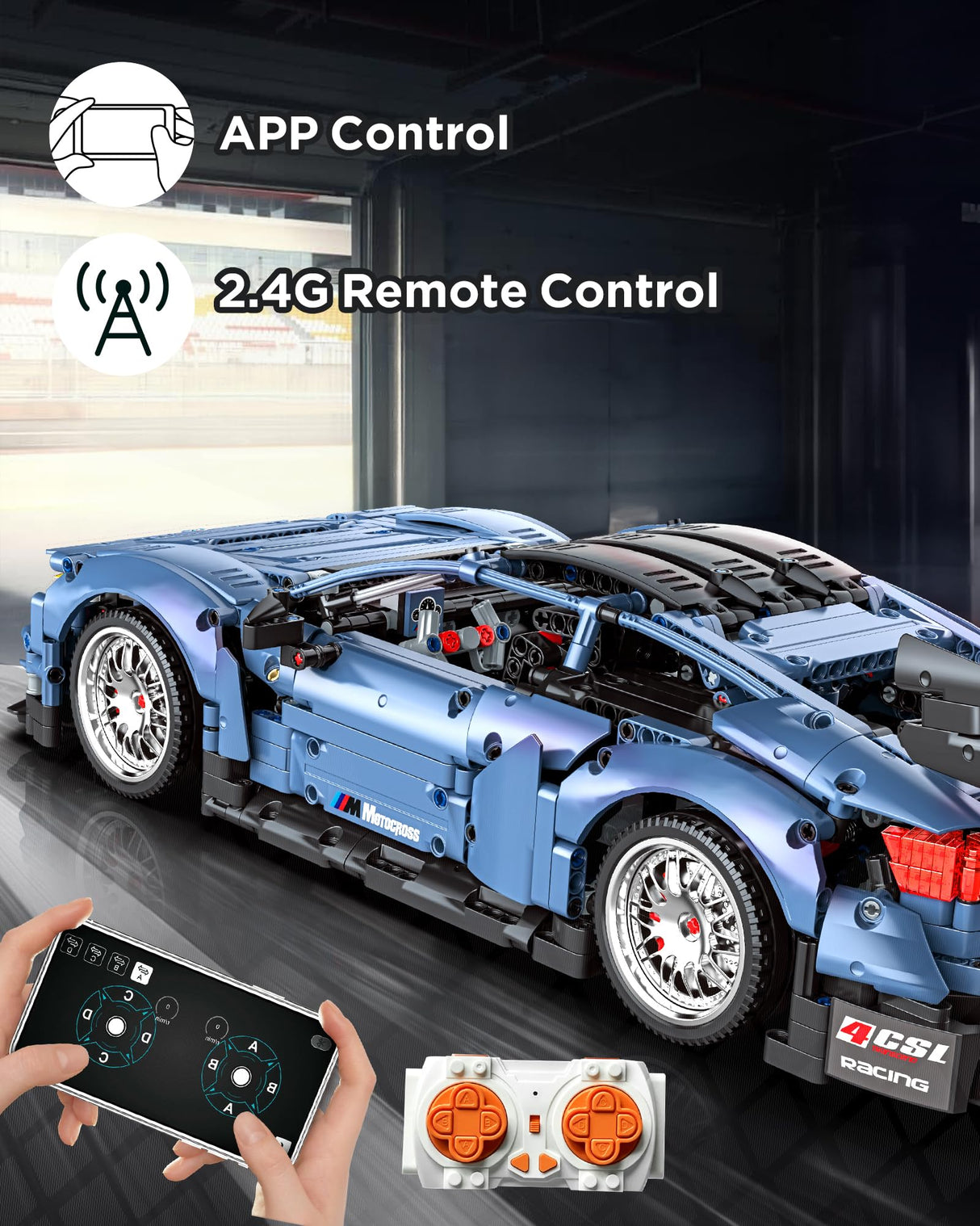MOCBURIKU Remote Control Car Building Kit, 1/10 Scale M4 Supercar with Lights Motors Rechargeable Battery, Compatible with Technic Cars for Adults, STEM Gift for Boys Age 6 8 10 12 14+(2280 Pcs) MOCBURIKU