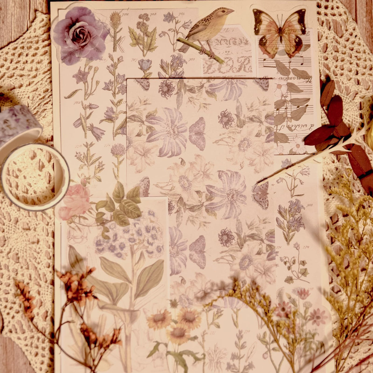 CHRYCELESTE 200pcs Vintage Purple Scrapbook Stickers and Paper, Journal Stickers Kit, Junk Journal Paper Kit - Flowers Butterflies,Plastic Case Packaging with Handy Pliers(Purple Reverie) CHRYCELESTE