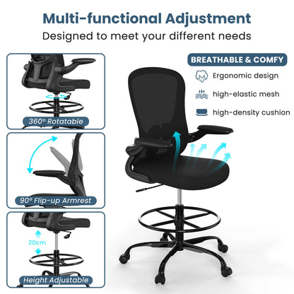 Drafting Chair, Tall Office Chair with Flip-up Armrests Executive Ergonomic Computer Standing Desk Chair, Office Drafting Chair with Lumbar Support and Adjustable Footrest Ring