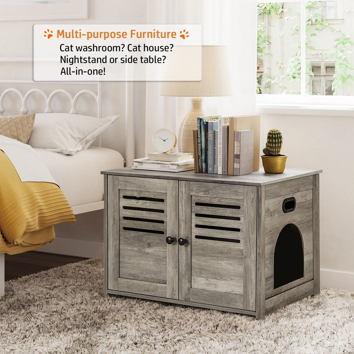 DINZI LVJ Litter Box Enclosure, Cat Litter House with Louvered Doors, Entrance Can Be on Left or Right Side, Spacious Hidden Washroom for Most of Box, Furniture Cabinet, Gray Wash DINZI LVJ