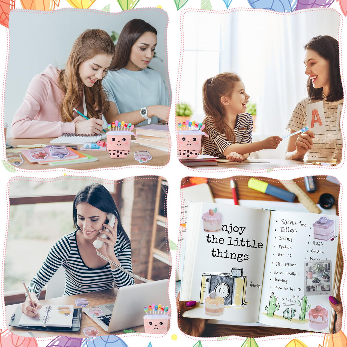 Sabary 228 Pcs Kawaii Stationary Set Include Telescopic Pencil Pouch Case Bag Gel Ink Pen Sticky Note Bubble Tea Sticker Pill Highlighter Stationary Cute School Supplies for Christmas(Vivid) Sabary