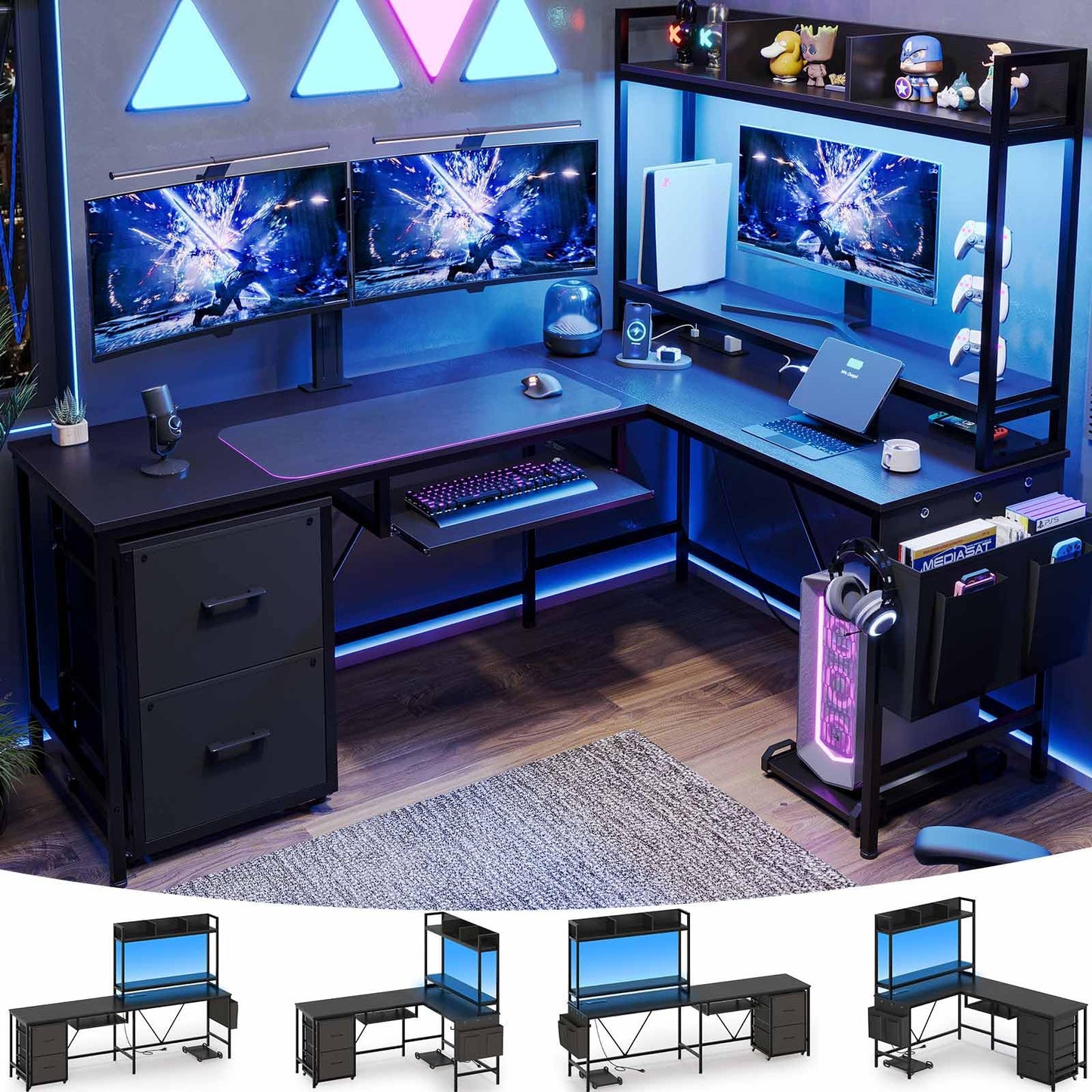 UPOSOJA L Shaped Gaming Desk with Keyboard Tray, Reversible Computer Desk with Power Outlet, Corner Home Office Desks, Mobile File Cabinet Storage Shelves Monitor Stand Drawers (Black, 67in)