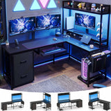 UPOSOJA L Shaped Gaming Desk with Keyboard Tray, Reversible Computer Desk with Power Outlet, Corner Home Office Desks, Mobile File Cabinet Storage Shelves Monitor Stand Drawers (Black, 67in) UPOSOJA
