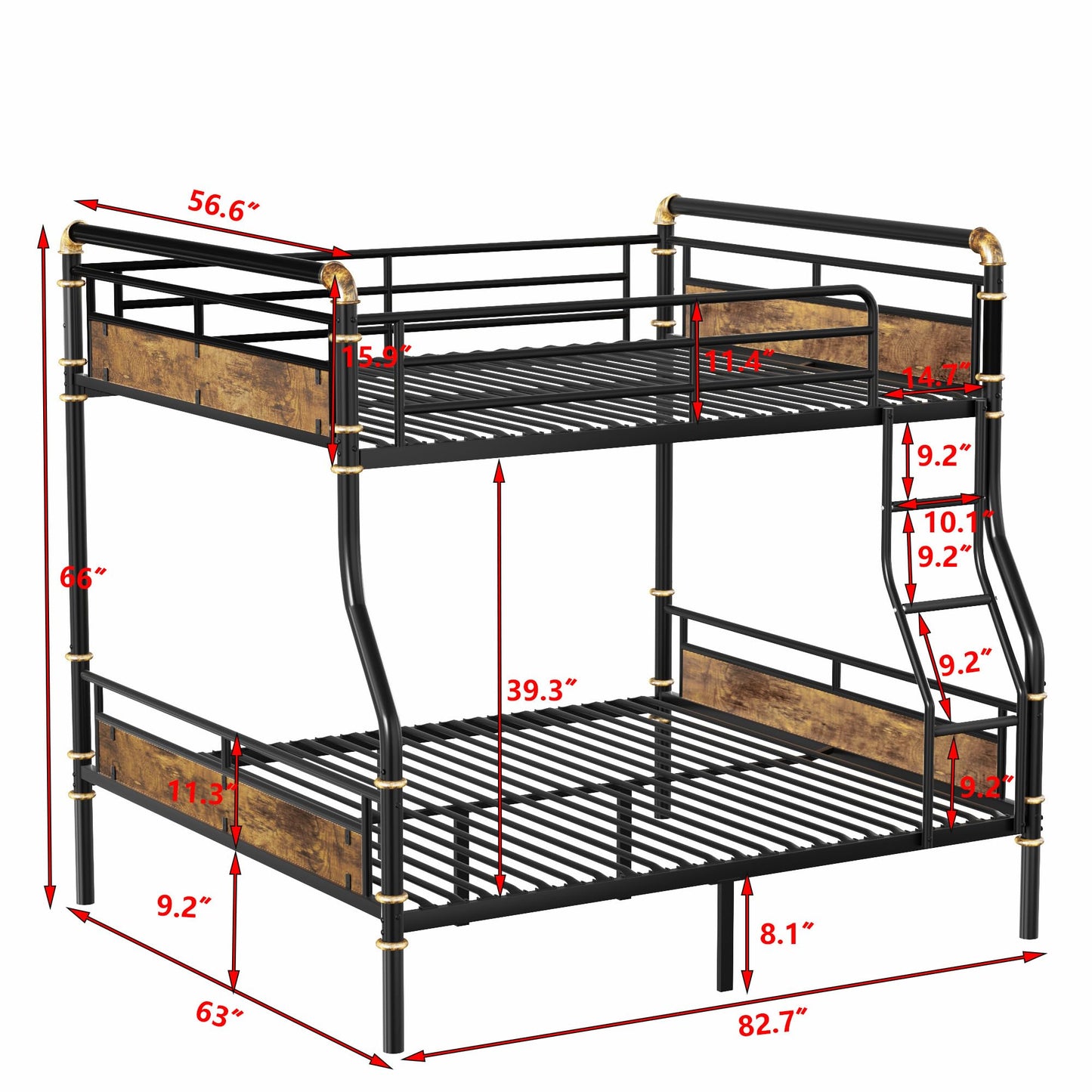 SIMPLEZC Upgraded Version Heavy Duty Thicken Metal Full XL Over Queen Bunk Bed, Best Industrial Bunk Bed Full Over Queen Size for Adults, Convertible into 2 Beds with Wood Board, Water Pipe Design