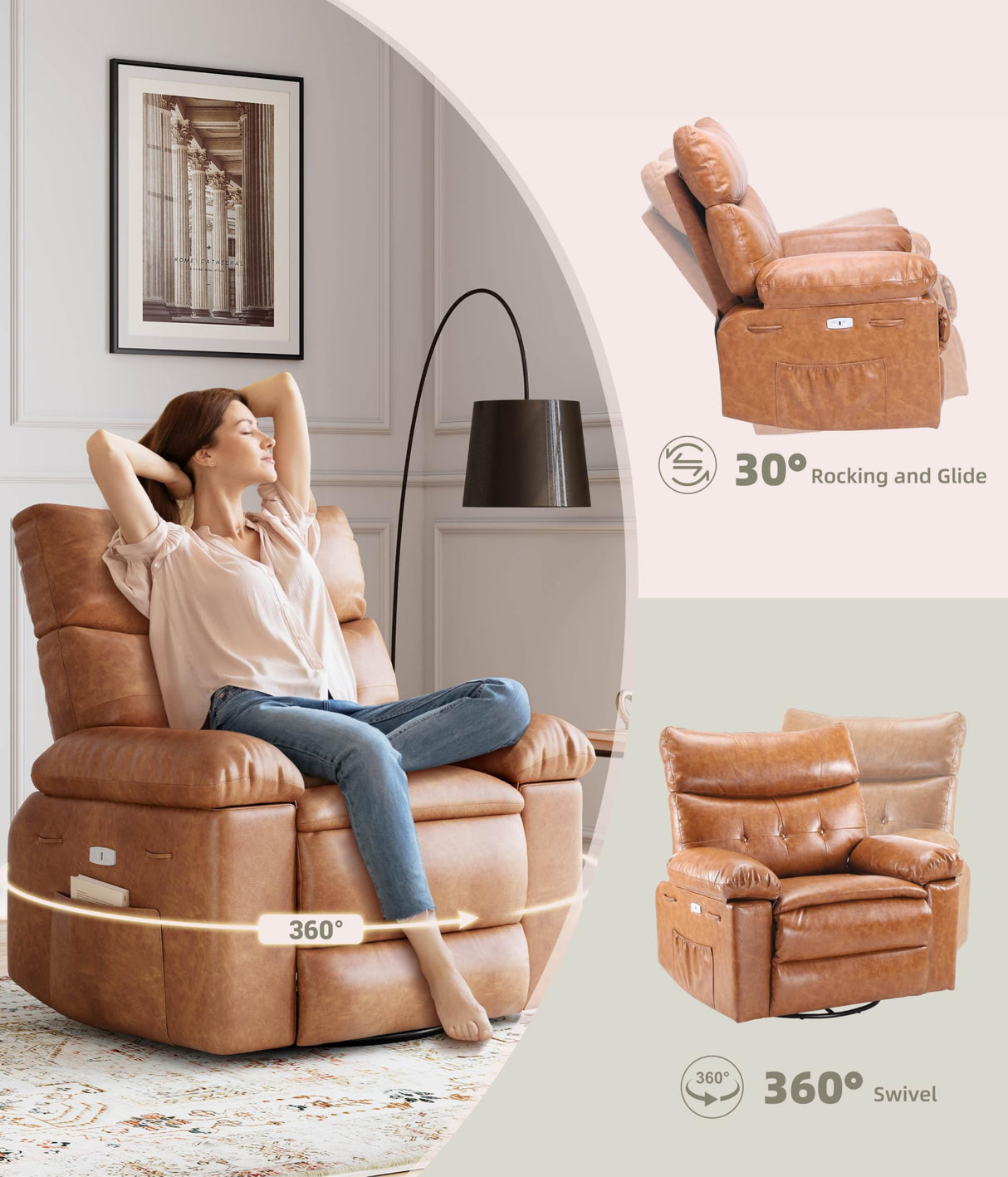 GarveeHome Oversized Power Rocker Swivel Recliner Chair - Heat and Massage, Extra Wide Electric Recliner Ergonomic PU Leather Single Sofa, Tall Back, Padded Seat, Lazy Chair for Living Room GarveeHome