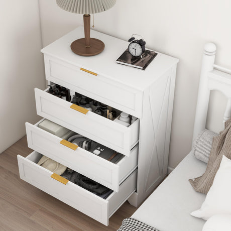FTZxHKLX White 4 Drawer Dresser for Bedroom, Tall Bedroom Dresser with Large Drawer & Golden Handles, Wooden Storage Organizer Cabinet Chest of Drawer for Closet, Living Room, Hallway, Children's Room FTZxHKLX