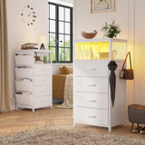 Enhomee Nightstands Set of 2 Nightstand with Charging Station & LED Lights Tall Nightstand with Cloth Bags & Hooks Modern Night Stand with Dresser Drawers and Storage Shelves White Nightstand Set of 2 EnHomee