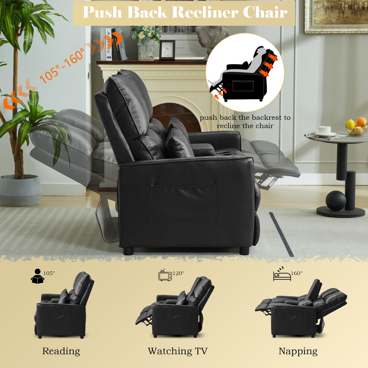 DRMBOOK 63'' RV Loveseat Recliner Sofa, Faux Leather Double Camper Couch 2 Seater Recliner with Console, Home Movie Theater Seating Chair, 2 Person Push Back Recliners for Living Room, Black DRMBOOK