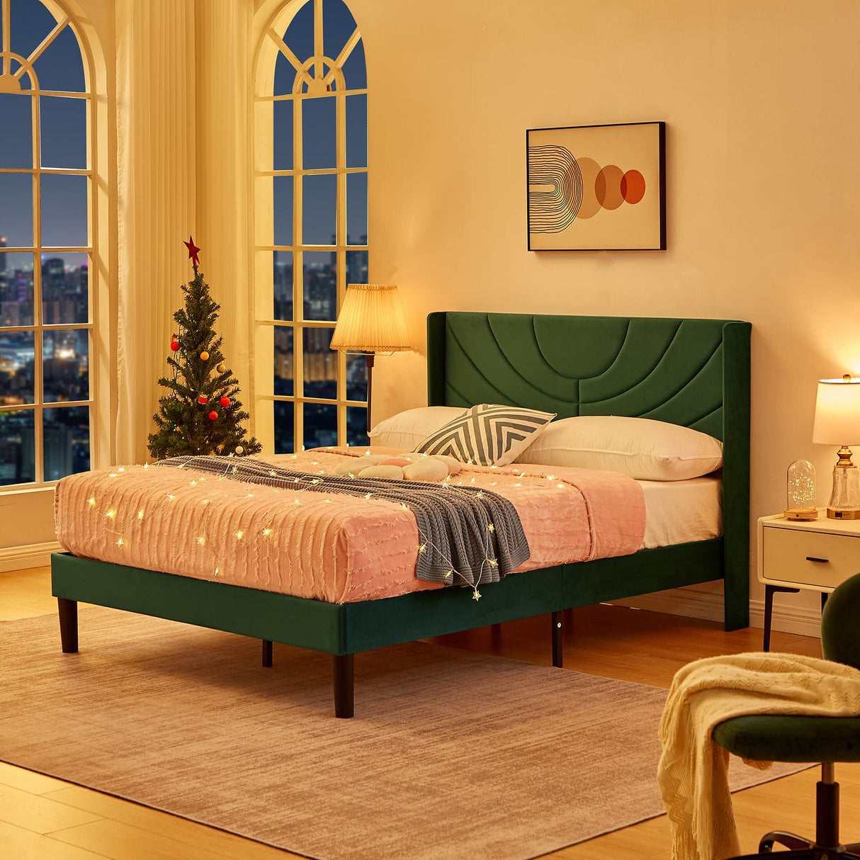 VECELO Dark Green Upholstered Queen Size Platform Bed Frame with Stylish Headboard and Wooden Slats – No Box Spring Needed VECELO