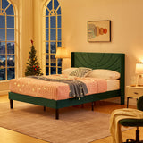 VECELO Dark Green Upholstered Queen Size Platform Bed Frame with Stylish Headboard and Wooden Slats – No Box Spring Needed VECELO