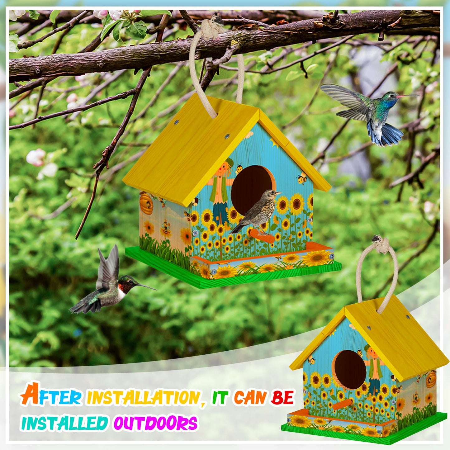 Liliful 1 Set Wooden DIY Birdhouse Kit for Adults Unfinished Wooden Bird Houses with Paints and Paintbrushes Hanging Woodworking Christmas Craft Gifts Kit for Boy or Girl Classroom Birthday Activity