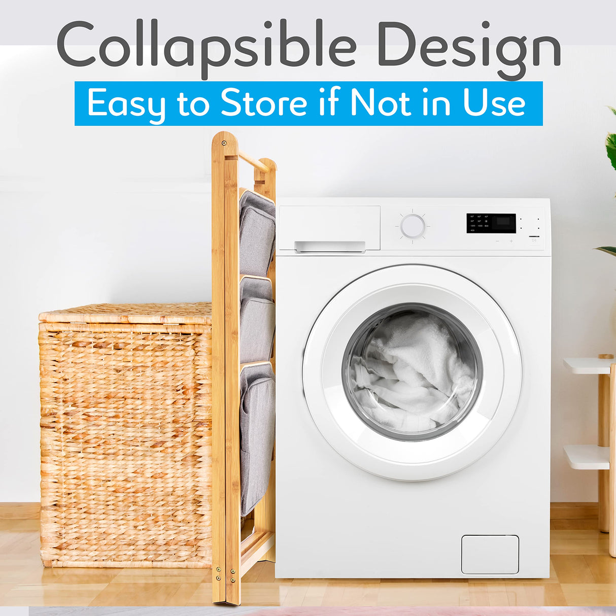 SerenelifeHome 3 Tier Fold Out Hamper Shelf Storage - Space Saving Collapsible Foldable Natural Bamboo Wooden Organizer Removable Baskets for Bedroom Bathroom Laundry Clothes Towels SereneLife