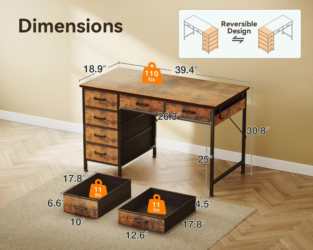 ODK Computer Desk with 6 Drawers, 40 Inch Small Desk with Storage, Reversible Desk with Headphone Hook for Home Office, Work Study Table for Bedroom, Rustic Brown ODK