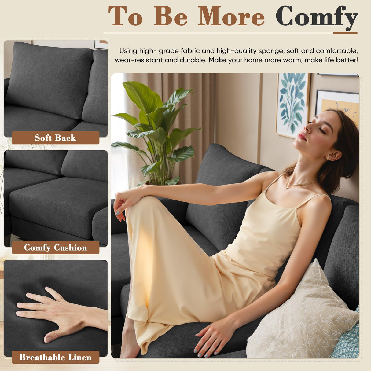 Homall Sofa for Living Room, Couch with Convertible Chaise, 3 Seat L-Shaped Sofas, Comfy Fabric Couches for Apartment, Small Space, Dark Gray Homall