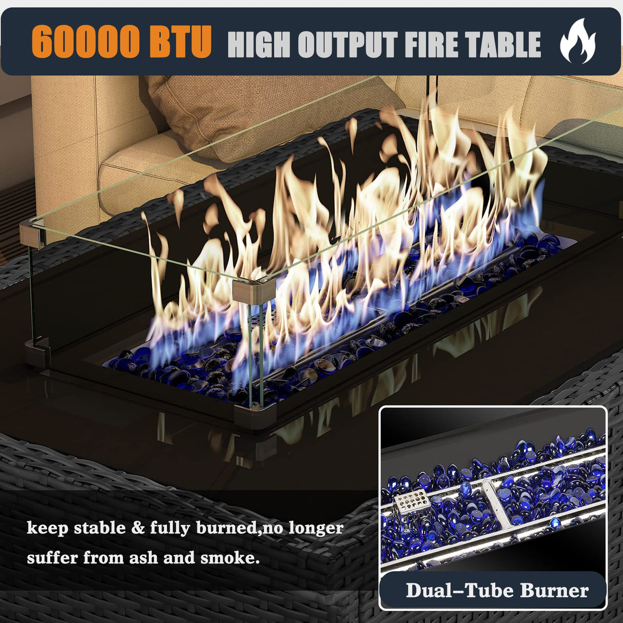 KHOLH 15 Pieces Patio Furniture Conversation Sofa Set with 44" Propane Gas Fire Pit Table, Outdoor Sectional Black Rattan Wicker Sofa Set KHOLH