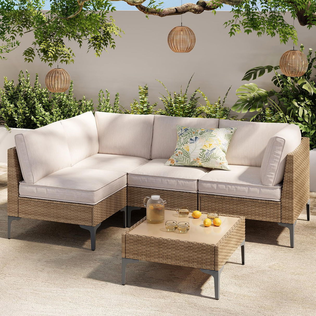 SunloungeCo 5-Piece Patio Furniture Set, Outdoor Wicker Sectional Sofa with Coffee Table, Anti-Slip & Thick All-Weather Cushions for Sunroom,Garden,Backyard, Beige SunloungeCo