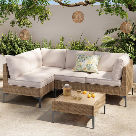 SunloungeCo 5-Piece Patio Furniture Set, Outdoor Wicker Sectional Sofa with Coffee Table, Anti-Slip & Thick All-Weather Cushions for Sunroom,Garden,Backyard, Beige SunloungeCo