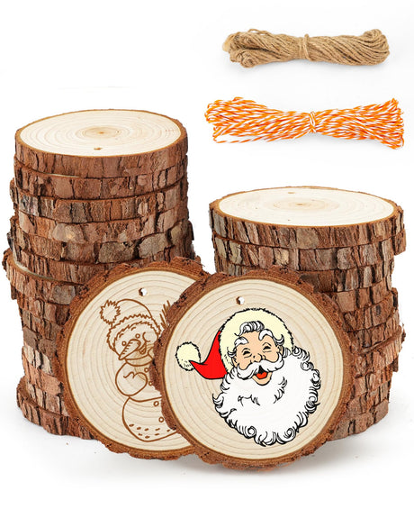 Unfinished Wood Slices with Holes for Crafts 3.5-4 inches Round Wood Circles with Bark Natural Wooden Slices Craft Wood Slices for Ornaments Bulk Blank Wood Circles Wooden Chips Round Wood Chips 26PCS dukclyn