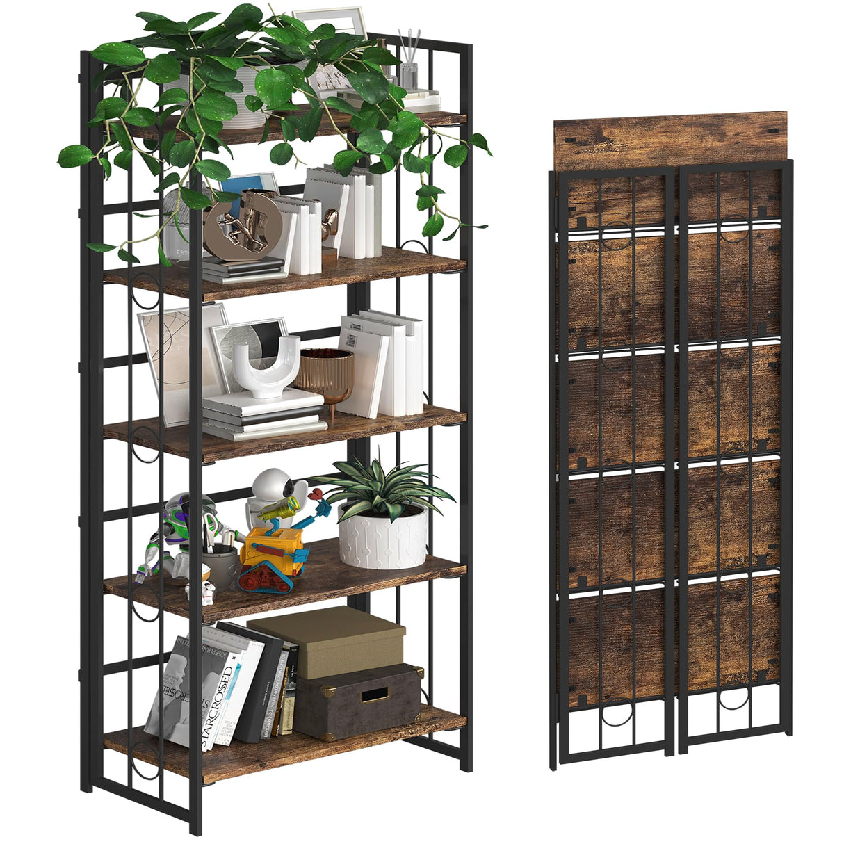 Folding 5-Tier Vintage Bookshelf by 4NM - Rustic Brown and Black Storage Solution 4NM