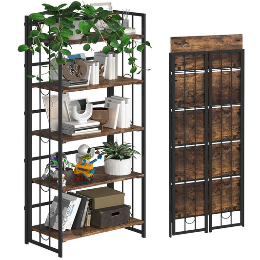 4NM No-Assembly 5 Tiers Folding Bookshelf Storage Shelves Vintage Bookcase Standing Racks Study Organizer Home Office - Rustic Brown and Black