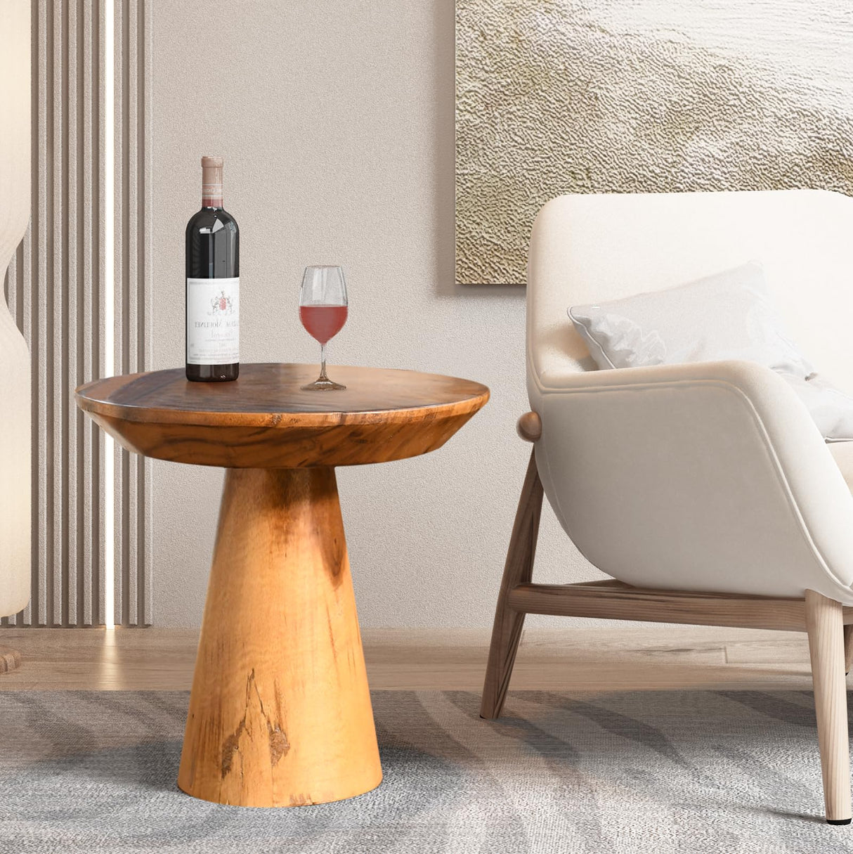 JOLLYMER Mushroom Side Table, Teak Stool, Natural Plant Stand, 14" Tall Wood Round Coffee Table for Living Room, Bedroom, Garden, Yard JOLLYMER