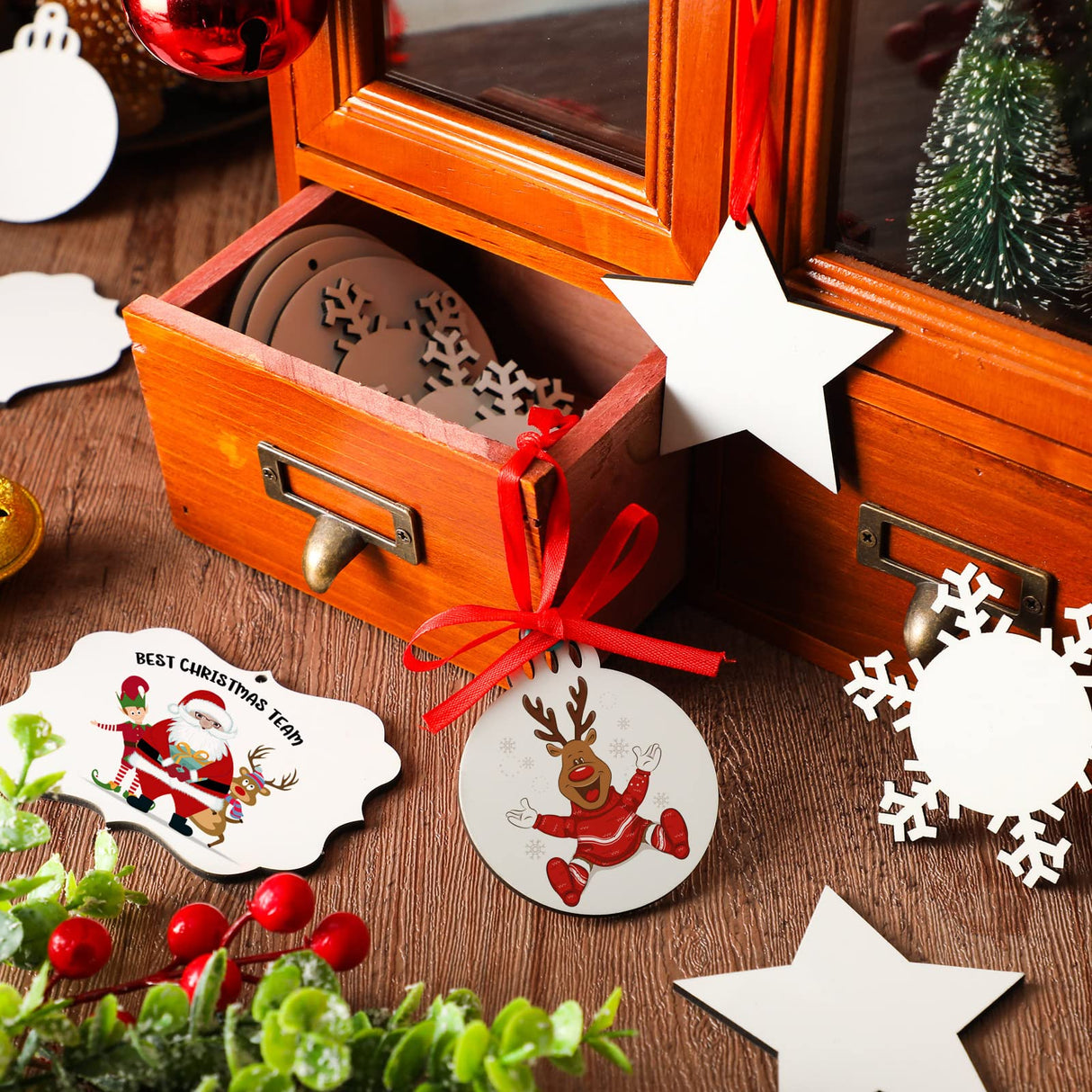 30 Pieces Sublimation Ornament Blank Sublimation Double Sided Blanks Christmas Ornament Blank Personalized Sublimation Blank Pendants DIY Sublimation Pendant Blank with Red Ribbon (Snowflake Style) Blulu