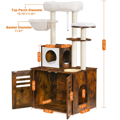 Heybly Cat Tree, Wood Litter Box Enclosure with Food Station, All-in-one Indoor Cat Furniture with Large Platform and Condo, Modern Style Cat Tower, Hammock, Rustic Brown HCT100SR - WoodArtSupply