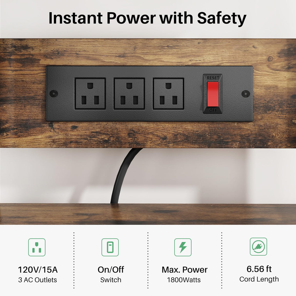 Baker Rack with Power Outlet - Microwave Stand with Storage, Large Coffee Bar Station with 14 Hooks, Metal Kitchen Shelf Rack for Spices, Pots, Rustic Brown and Black SNTD