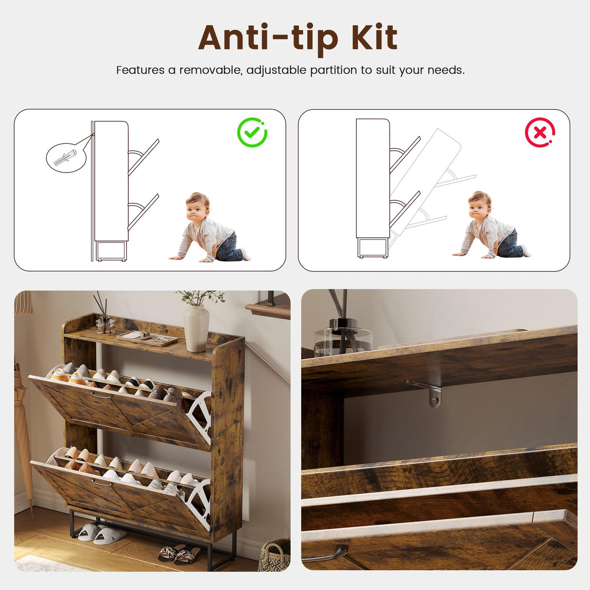 Dowinx Shoe Cabinet Storage with 2 Flip Drawers, Freestanding Shoe Organier Cabinet with Metal Legs, Farmhouse Narrow Shoe Stroage Cabinet Hidden for Entryway Hallway, Rustic Brown Dowinx