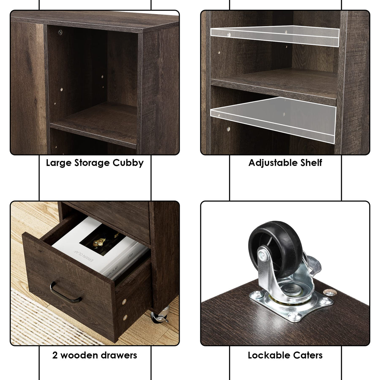 HOSTACK End Side Table, Narrow Nightstand with Storage Drawers and Adjustable Shelf, Rolling Bedside Table for Bedroom, Living Room, Home Office, Dark Brown HOSTACK