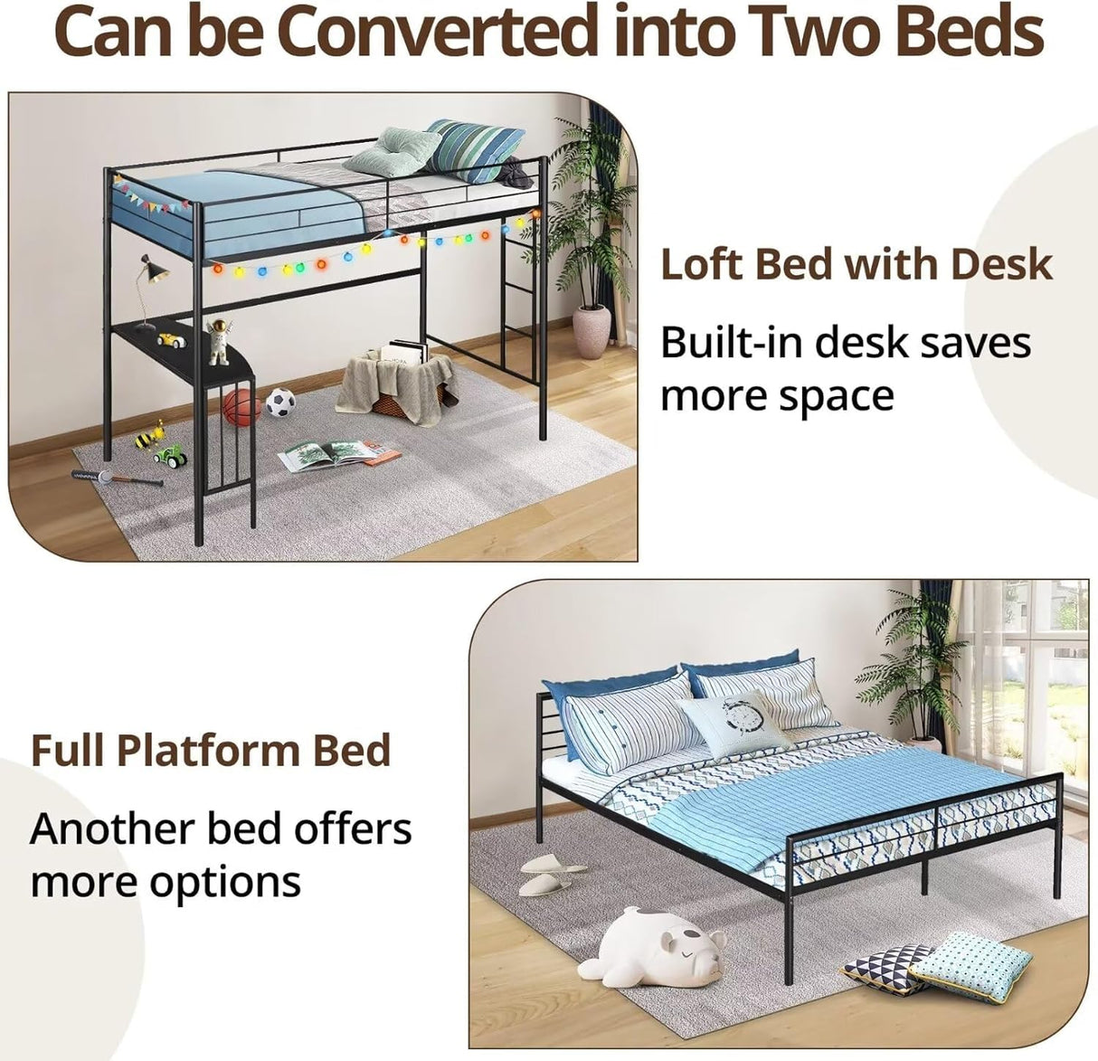 Twin Over Full Bunk Bed, Metal L-Shaped Bunk Bed Frame with Desk, Guardrail and Ladder, Space Saving Bed for Boys Girls, Convertible Into Twin Loft Bed & Full Platform Bed, Noise Free, Black TRIPLE TREE
