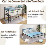 Twin Over Full Bunk Bed, Metal L-Shaped Bunk Bed Frame with Desk, Guardrail and Ladder, Space Saving Bed for Boys Girls, Convertible Into Twin Loft Bed & Full Platform Bed, Noise Free, Black TRIPLE TREE