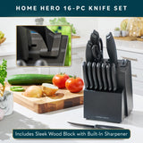 Home Hero Kitchen Knife Set with Sharpener - High Carbon Stainless Steel Knife Block Set with Ergonomic Handles (16 Pcs - Black) Home Hero