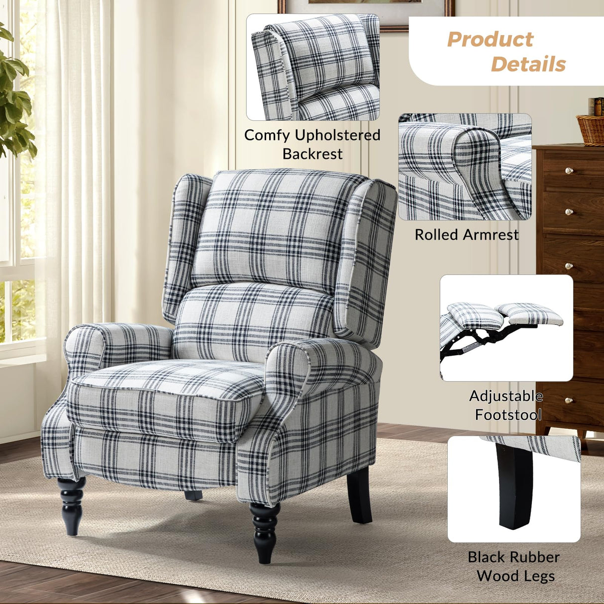 HULALA HOME Upholstered Wingback Recliner Chair, Small Adjustable Footrest Push Back Single Reclining Sofa, Mid Century Modern Lounge Armchair for Living Room, Bedroom, Reading/Plaid Black HULALA HOME