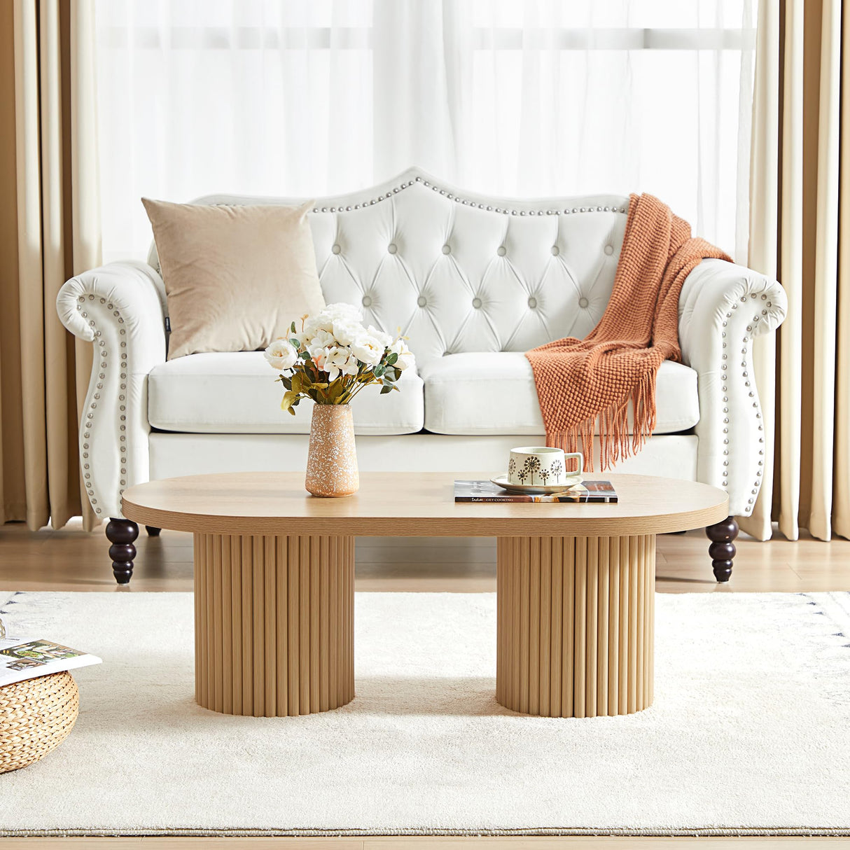 AVZEAR Fluted Oval Coffee Table for Living Room, Boho Modern Coffee Table with Fluted Legs, Curved Round Wood Center Table for Home, Small Spaces, Office, Natural Color(39.38" x 19.69" x 13.78") AVZEAR