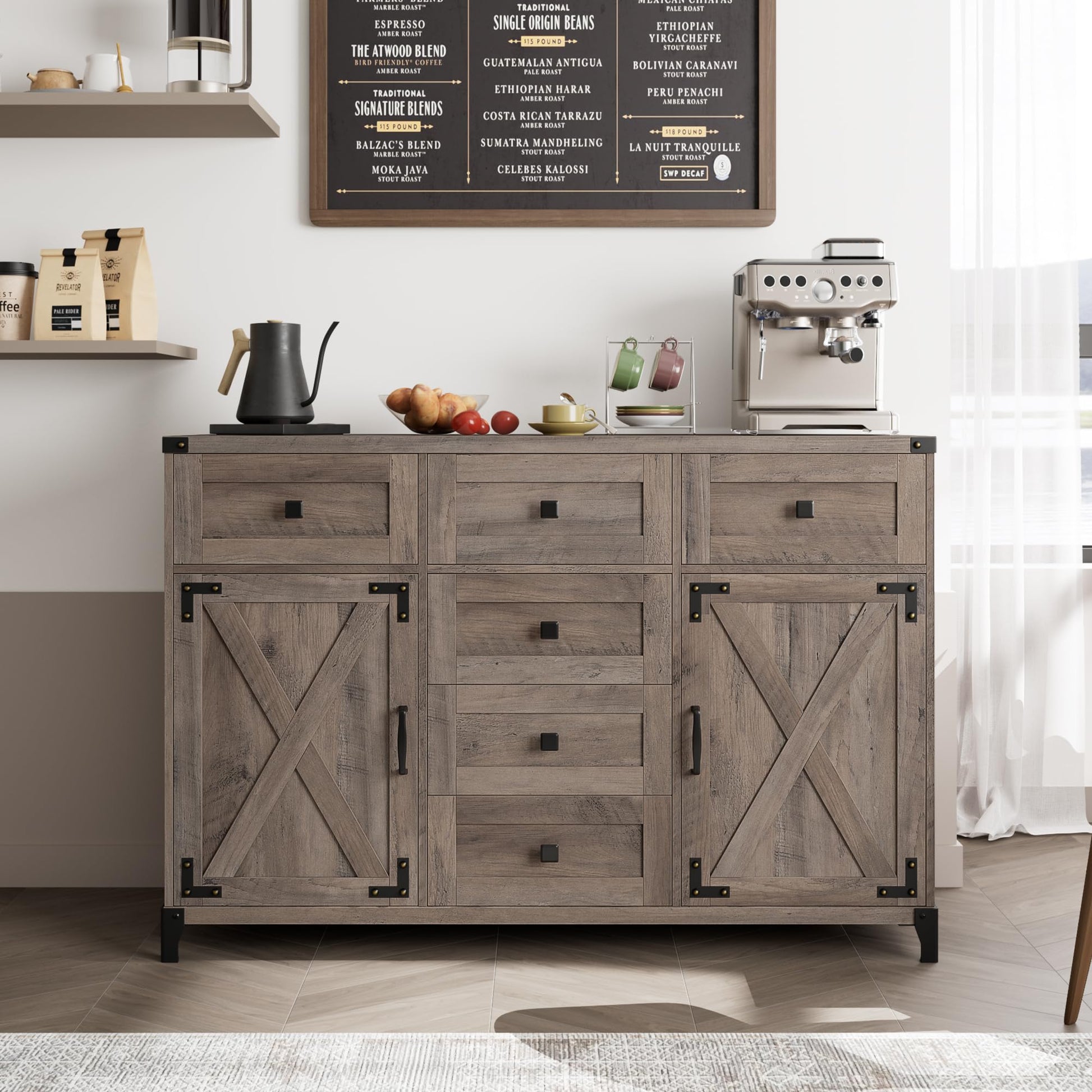 Keyluv Sideboard Buffet Cabinet 54” Large Sideboard Cabinet with 6 Versatile Storage Drawers Kitchen Cabinet, High Height Coffee Bar Farmhouse Wood Entryway Table for Dining/Living Room, Rust - WoodArtSupply